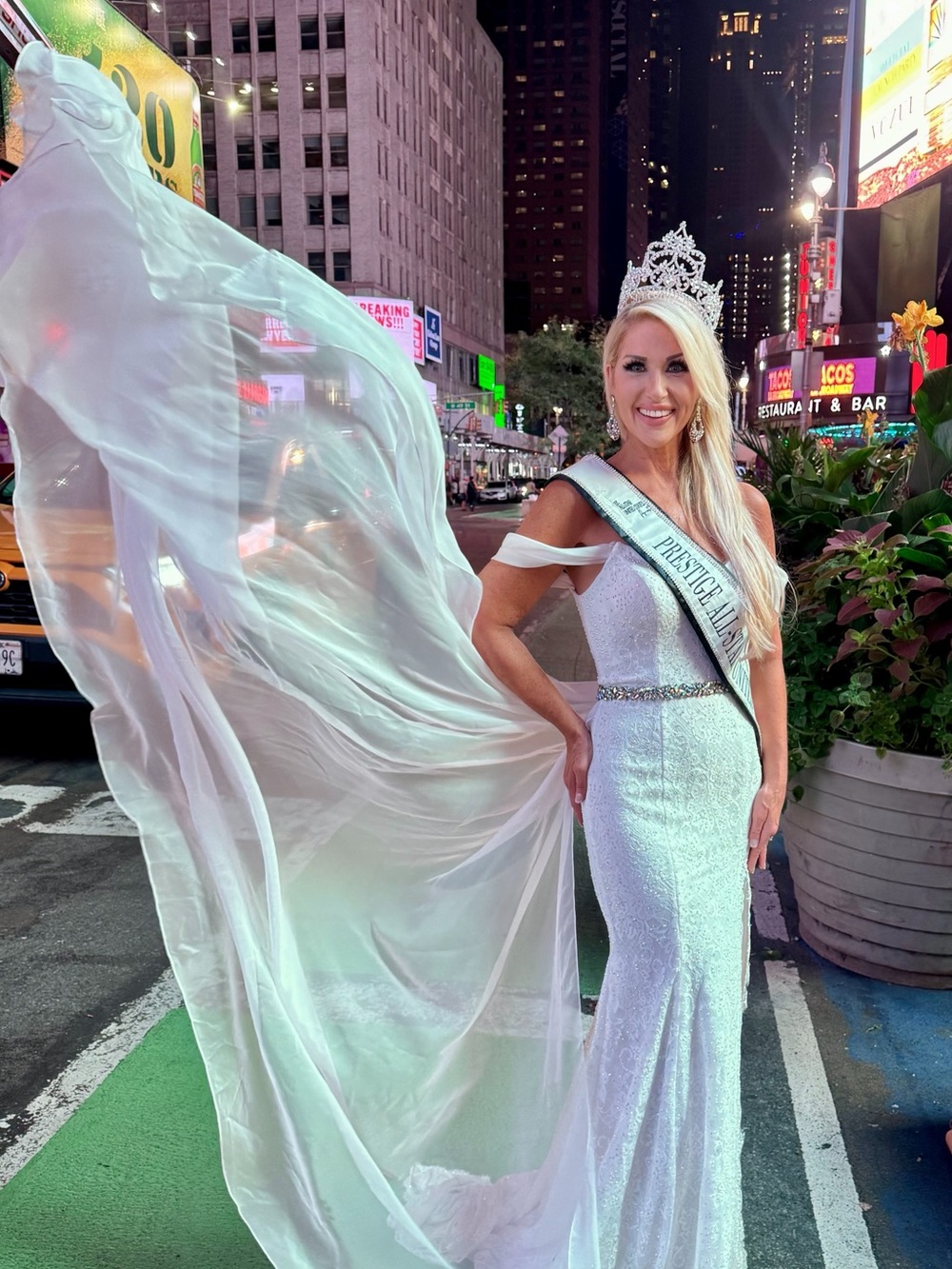 Johnathan Kayne White Beaded Pageant Gown with Sheer Cape